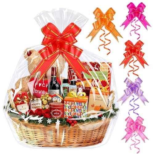 Große Geschenkfolie Transparent Cellophantüten,5 Stück Geschenkfolie 70x100cm,Durchsichtiges Geschenkpapier Cellophantüten Mit 5 Zugschleifen Geschenke Körbe,Blumen,Kunsthandwerk,Leckerli, Hochzeit
