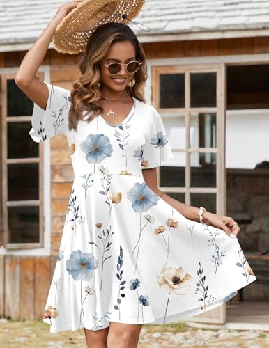 Image of Zeagoo Womens Summer Dress Casual Swing Sundresses Floral Ruffle Short Sleeve Wedding Guest Dress Beach Mini Dress 2026