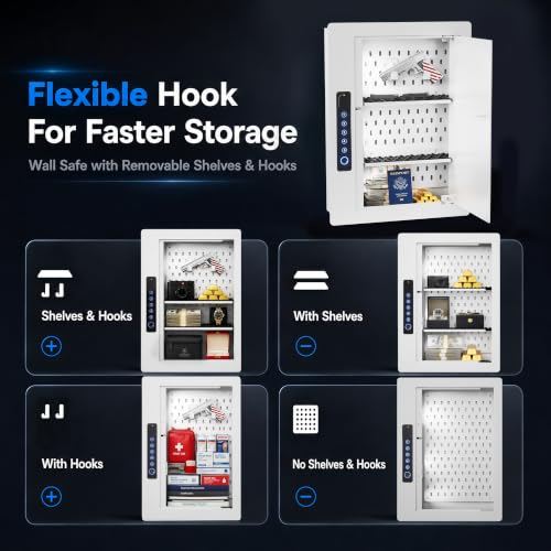 Image of Grimtron Biometric Wall Safe Between 16 inch Studs with Shelves & Hooks, White