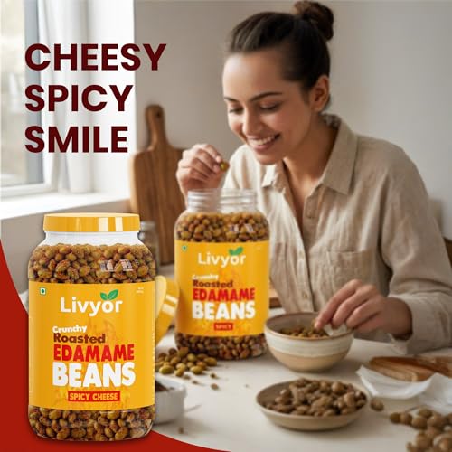 Image of Livyor Crunch Roasted Edamame Beans 1kg | Spicy Cheese Flavour | Roasted not fried | Plant based healthy snack | High Protein Snack | Gluten Free | Vegan | High In fibre | 500g*2