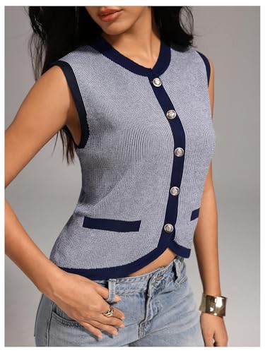Image of GORGLITTER Women's Striped Button Up Cropped Sweater Vest Sleeveless Knit Vest Tops 2025 Trendy Outfits