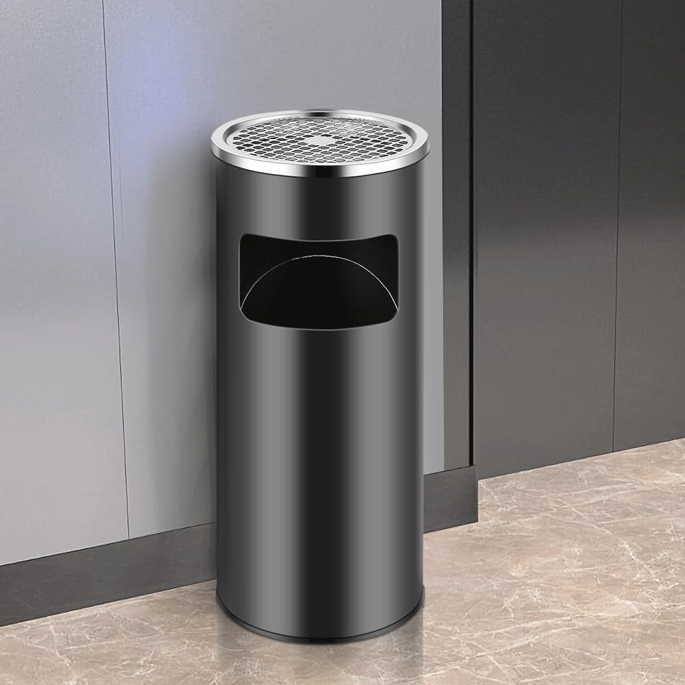 Poubelle en Acier Inoxydable 30L avec Seau Intérieur, Cendrier sur Pied pour Hôtel, Jardin et Supermarché