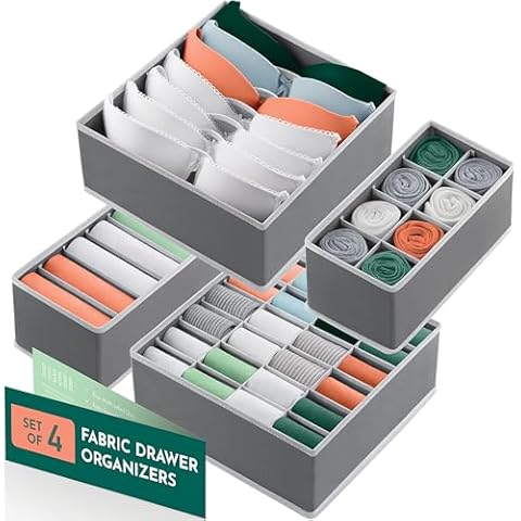 Dresser Organizer, [4 Pk] Grey Fabric Dresser Drawer Organizers (4 Sizes With 45 Slots) Foldable Underwear Drawer Organizer Breathable Bins for Bra, Lingerie, Socks, Scarves, Belt, Tie, Baby Clothes. Cover