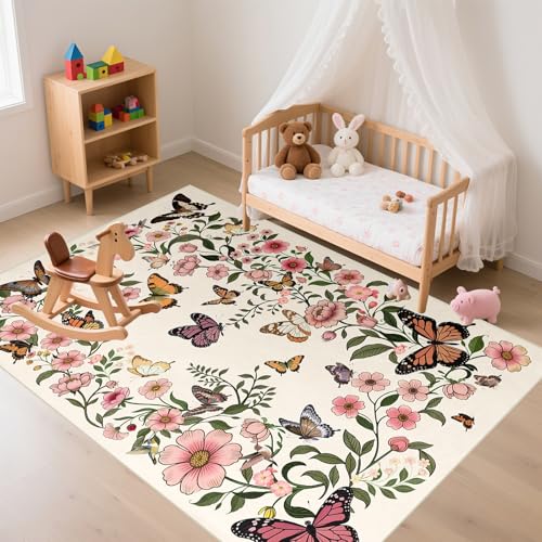 Floral Butterfly Rug 3'×5' - Washable Rug for Living Room Boho Beige Floral Carpet for Dining Room Door Mat Indoor Entrance 3'×5' Rugs Butterfly Mats