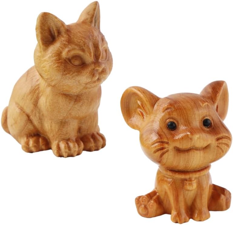 2Pcs Adorable Wooden Cat Figurine Ornaments and Sitting Cat Cute Cat Wood Carving Desktop Small Ornaments Tea Pet Accessory