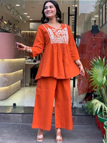 Image of Women's Rayon Kurti Set with Palazzo Pants | Embroidered V-Neck A-Line Short Kurti with 3 /4 Sleeves | Casual Ethnic Co-Ord Set for Daily Wear, Office & Festive