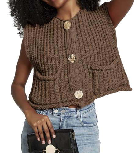 Women's Sleeveless Crochet Cardigan Vest Casual Fashion Button Down Open Front Sweater Vest with Pockets4