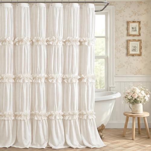 XOGUIBO Ruffle Shower Curtain with Bow Vintage Farmhouse Linen Shower