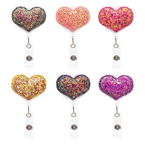 Ascrafter Multicolor Heart Retractable Name Card Badge Holder with Alligator Clip, ID Badge Reel Clip On Card Holders, 6 Pack