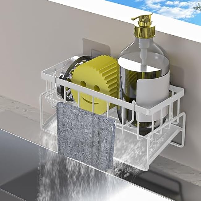 Sponge Holder for Kitchen Sink, Sink Caddy Organizer,Kitchen Essentials for Countertop-Self Drain Sponge Rack,Soap Dispenser Storage,Rustproof Stainless Steel,High Brush Holder,Grey