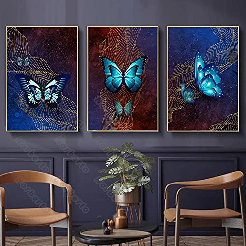 Art bleu violet papillons fil d'or triptyque moderne 20x30cm pour décoration murale