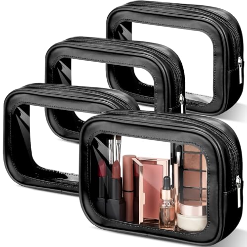 Abbylike 4 Pcs Clear Makeup Bag PU Leather Tsa Approved Toiletry Bag, Black