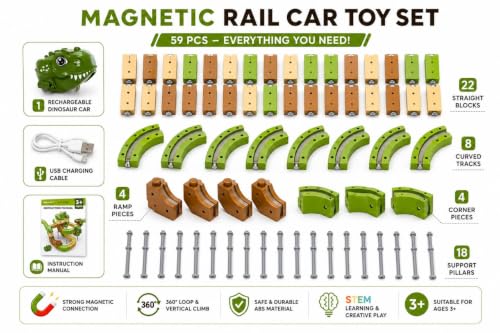 Image of TOYSTODAY Magnetic Building Block Track Car Set for Kids 3+ | DIY Construction Race Track Toy with Magnetic Blocks & Track Cars | STEM Learning Educational Toy Gift for Boys & Girls (Dino 59 PCS)