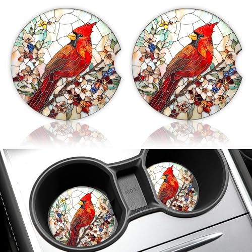 2 Pack Car Cup Holder Coasters, 2.56 Inch Bird Ceramic Cup Holder Insert, Universal Auto Non-Slip Absorbent Coaster, with Base and Finger Notch, Car Interior Accessories Sets for Women Men