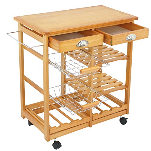 Nova Microdermabrasion Rolling Wood Kitchen Island Storage Trolley Utility Cart Rack w/Storage Drawers/Baskets Dining Stand w/Wheels Countertop (Wood) (Wood Top)