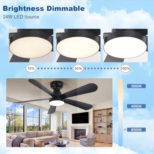 Image of Depuley Black Ceiling Fan with Lights: 42-Inch Flush Mount Fan with Light and Remote - Low Profile Ceiling Fans Reversible Quiet DC Motor for Bedroom Living Room Indoor Outdoor