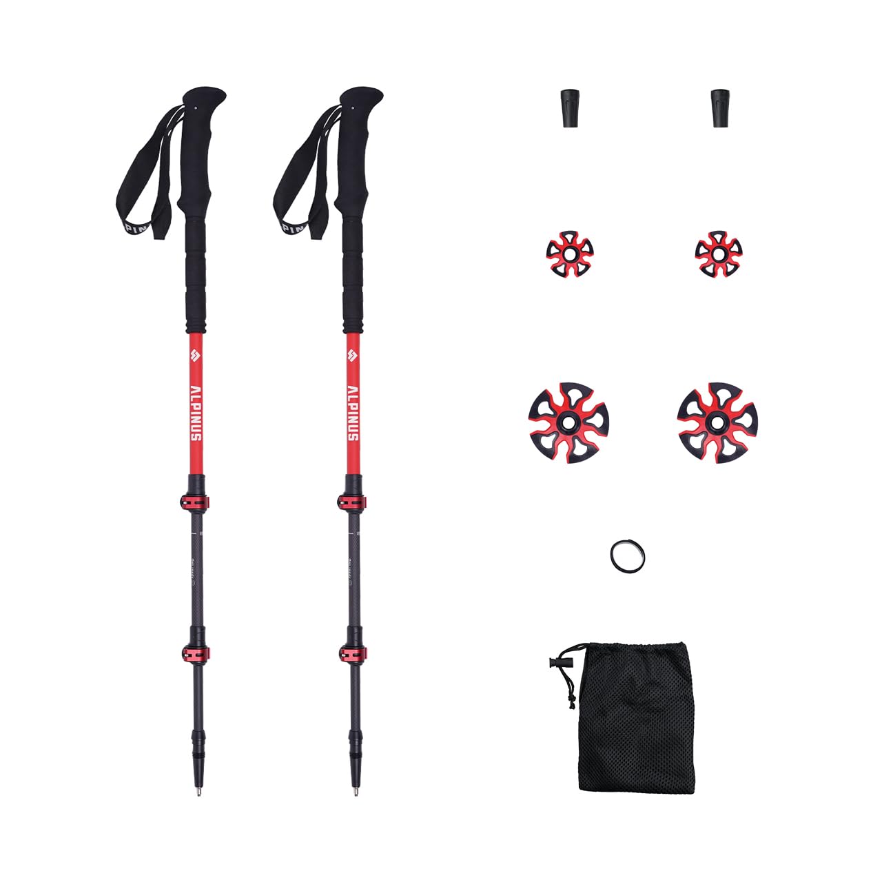 Alpinus - Wanderstöcke Faltbar Dhaulagiri NX11312, Walking Stöcke mit Klemmverstellung, Gehstock Maximale Länge: 62–135 cm, Trekkingstöcke mit Zubehör Inklusive, Wanderstock - Rot