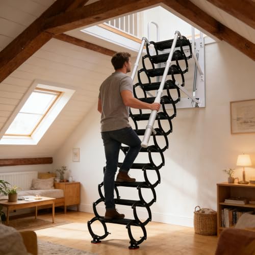 Escalera telescópica para ático montada en la Pared, Escaleras para ático desplegables con reposabrazos, Escaleras de ático de Pared abatibles, Exteriores (Negro, A)