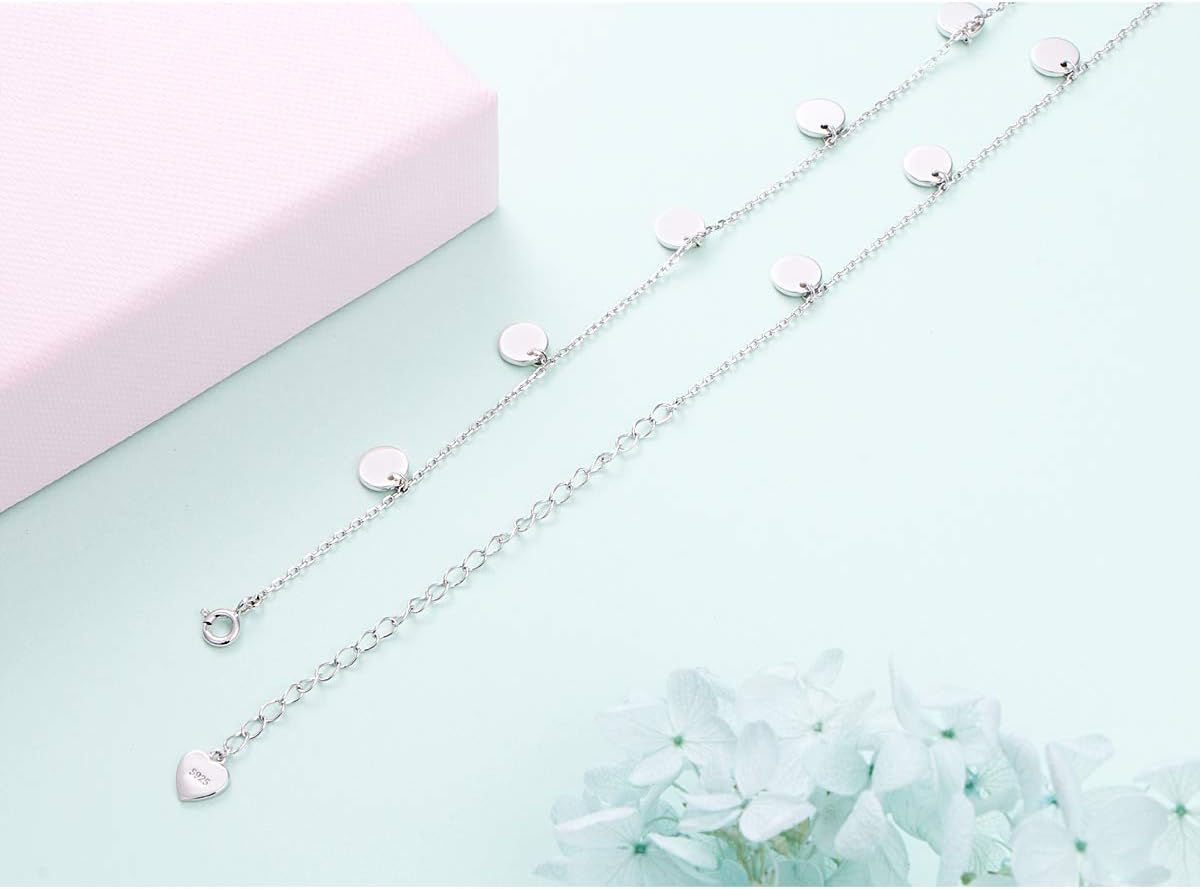 Sterling Silver Jewelry Choker Necklace Pendant Disc Chain Statement Necklace For Women 13+3 inches - Image 4