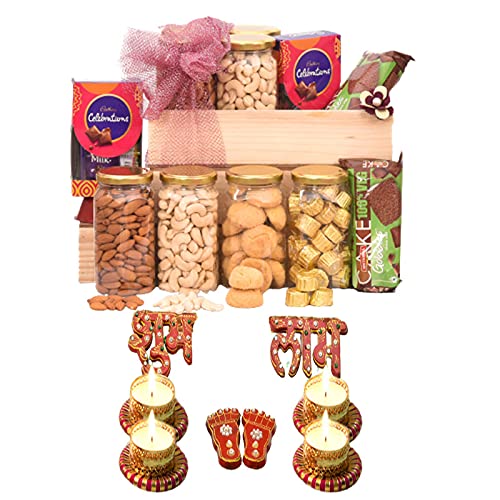Giftrend Diwali Dry Fruit & Nut Gifts Box/Hamper Ethnic Shubh Labh Wall/Door Hanging,Decorative Wax Diyas,Paglya/Charan Paduka For Diwali,Bhai Dooj,Corporate Gift,900gm