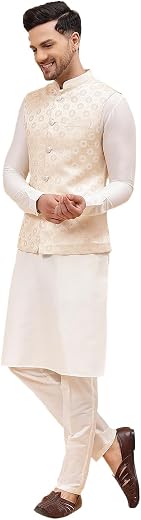 See Designs Men Off White Kurta Pajama & Gold Woven Design Jacquard Nehru jacket
