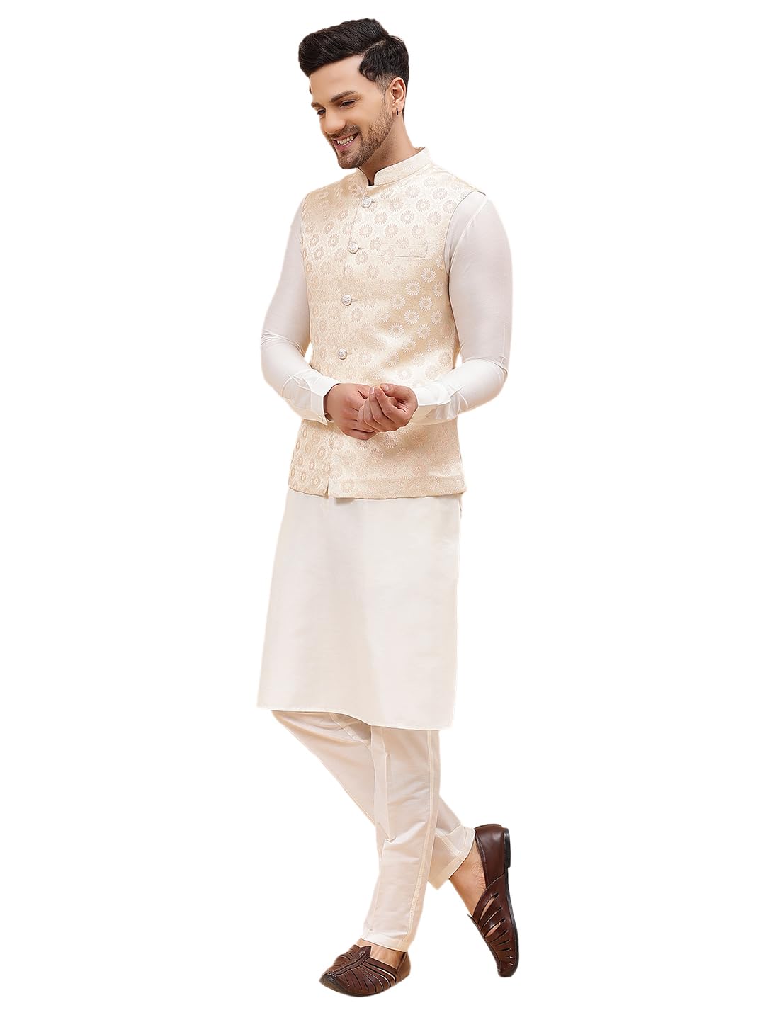 See Designs Men Off White Kurta Pajama & Gold Woven Design Jacquard Nehru Jacket_Sdnj23301M