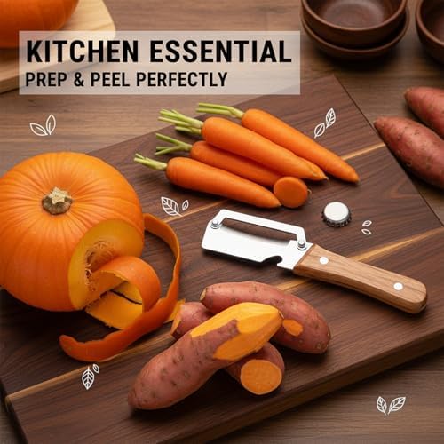 Sakerplus Multifunctional Vegetable Peeler with Wooden Handle and Bottle Opener, 2-in-1 Stainless Steel Blade, Contour-Flow for Kitchen Prep, Camping, Apple Potato Pumpkin Papaya Peeling - 3