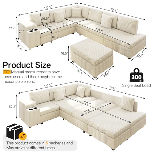 Image of KEIKI 110 inch L-Shaped Oversized Plush Corduroy Modular Sectional Sofa with Pull-Out Bed, Convertible 6-Seater Sleeper Couch Bed with 1 Ottomans & USB & Cup Holders, Easy Assembly, for Living Room, Beige