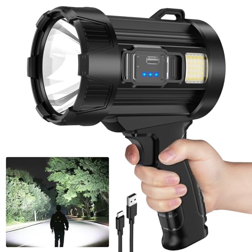 Kmivo Rechargeable LED Spotlight Flashlight, 2,000,000 High Lumens Spot Light, Solar USB Charging with Cob for Camping Hiking Boating
