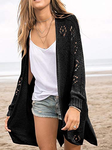 Misassy Womens Open Front Knit Sheer Cardigans Summer Boho Lightweight Long Sleeve Kimono Long Sweater Black #TOP3