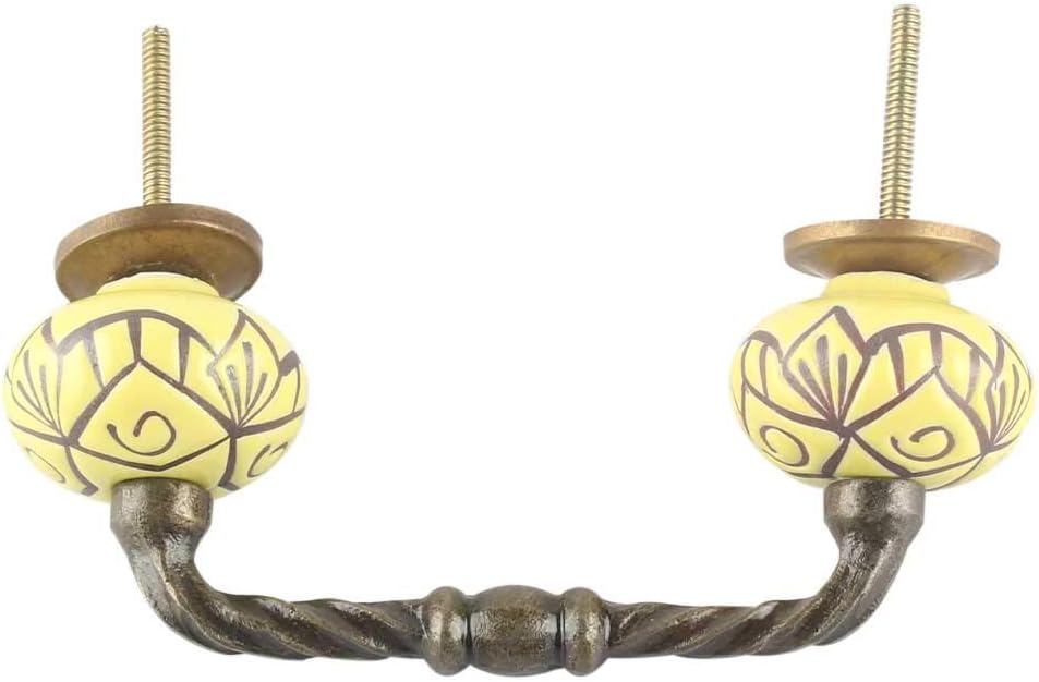 Indian Shelf 2 Pack Ceramic Yellow Cabinet Pulls Floral Vintage Kitchen Drawer Handles Door Dresser Handles Antique Hardware 4" Hole to Hole -BH-652-CK-1378