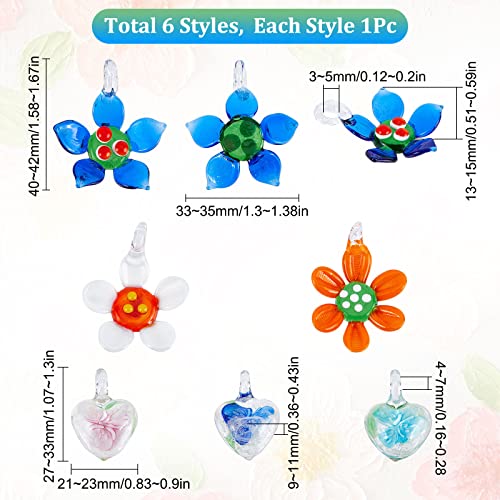 Sunnyclue 1 Box 6Pcs Glass Pendant Lampwork Glass Pendants Handmade Murano Glass Heart Flower Charm Large Flowers Beads Love Charm For Jewelry Making Charms Women Adults Diy Craft Necklace Supplies #TOP1
