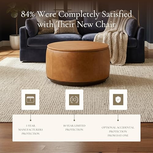 Image of Poly & BARK Herve Storage Ottoman - Round Italian Full-Grain Leather Ottoman with Hidden Storage - Solid Wood Base in Walnut Finish - Cognac Tan