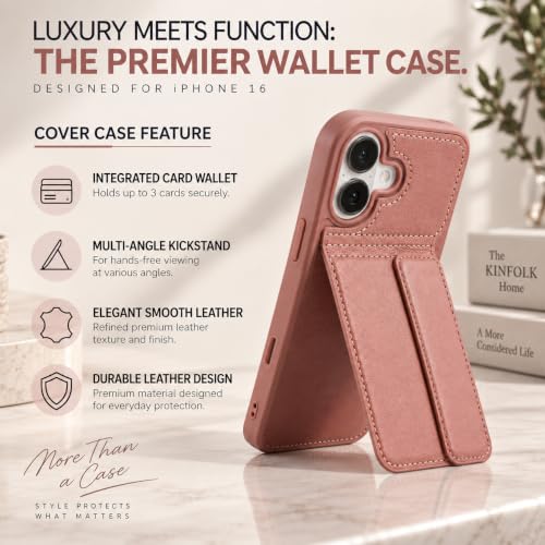 Image of amazon basics Luxury Vegan Leather Back Cover for iPhone 16 | Built-in Card Holder Slot | Integrated Mobile Stand | Slim Shockproof Protective Case with Stitched Finish - Pink