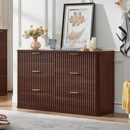 Image of LEYAOYAO Fluted 6 Drawers Dresser Set of 2, 48 inch Wide Modern Chest of Drawers with Metal Handle, Walnut Curved Profile Dresser TV Stand, Wooden Drawer Organizer for Bedroom, Living Room, Hallway