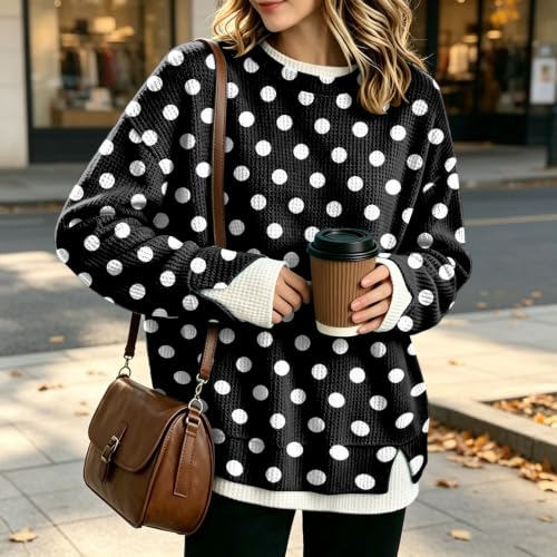 Womens Crew Necks Sweatshirts Waffle Knit Long Sleeves Polka Dot Sweatshirt - image 3