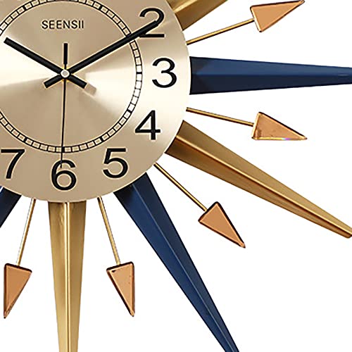 Hwanh Large Metal Clocks 22 Inch Sunburst Big Blue Gold Decorative Clock Modern Silent Art Wall Clock For Living Room Bedroom Decor #TOP1