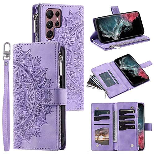 Étui pour Samsung S22 Plus violet avec portefeuille zippé et fermeture magnétique en cuir
