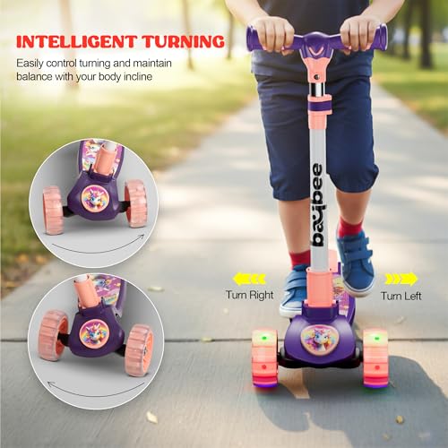 Image of Baybee Kitty Kick Scooter for Kids | Foldable 3 Wheel Kid Scooter with 4 Height Adjustable Handle & Brake | Skate Scooters with LED PU Wheels, Runner Scooters for Kids 3 to 10 Years Boy Girl (Purple)