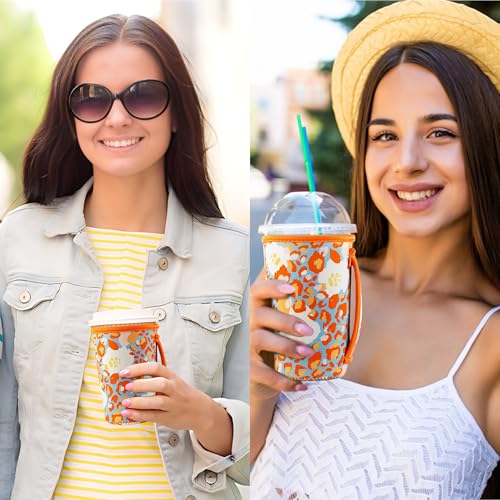 Image of KJQJLY 3 Pack Reusable Iced Coffee Sleeves for Iced Coffee Cups or Drinks Reusable Neoprene Insulated Sleeves for Hot and Cold Drinks from Starbucks, Dunkin, And More (Summer Abstract Flower)