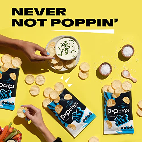 Popchips Potato Chips, Sea Salt, 12ct Single Serve 0.8oz Bags, Low-Calorie and Gluten Free, Salty Snacks for Adults and Children, Non-GMO, Vegan & Kosher Friendly, 100 Calories Per Bag