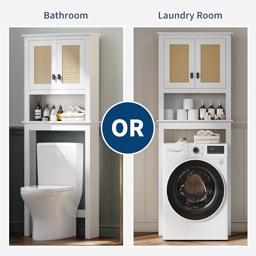 GarveeHome Over The Toilet Storage Cabinet, Farmhouse Over Toilet Bathroom Organizer with Rattan Doors, Freestanding Wood Above Toilet Storage Cabinet with Adjustable Shelf, White