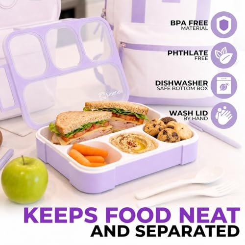 Image of kinsho Bento Lunch Box for Kids Women Adults Girls School Work | Snack Containers for Toddlers Tweens | 4 Divided Sections for Portion Control includes Utensils BPA Free | Purple