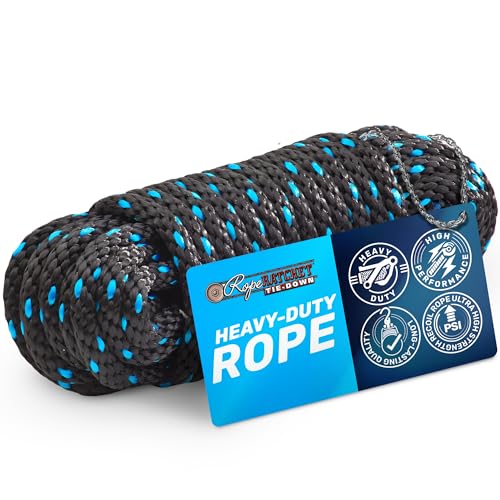 3/8" Solid Braided Polypropylene Rope Black with Blue Tracers
