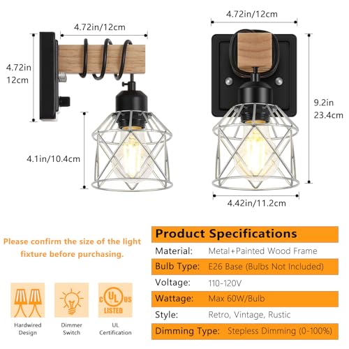 Image of FadimiKoo Wall Sconces Set of Two, Bedside Wood Wall Lamps with Rotary Switch, Black Bathroom Vanity Light with Silver Wire Cage, Rustic Dimmable Sconces Wall Lighting for Living Room, Hallway, Mirror