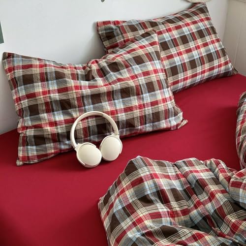 Image of MKXI King Buffalo Plaid Duvet Cover Set 3-Piece, Lightweight Washed Cotton Farmhouse Bedding, Brown Red Blue Plaid Comforter Cover with Zipper Closure