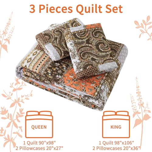 VAPUTAR Quilts Queen Size - Fall Cotton Quilt Set Quilted Bedspread Coverlet Lightweighet Bedding Set with Shams for All Season, 3 Piece Boho Patchwork Quitled Bedspread Queen Size (Dream Orange)