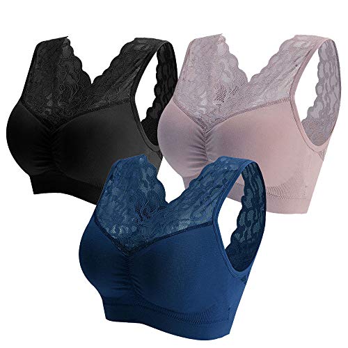 Women's Seamless Sports Lace Bra Wireless Genie Air Permeable Extra Support Wirefree Lace Vest-Style Bra Removable Pads 1/3 Pack (XL(Fit 36B 36C 36D 38A), Black/Navy/Nude)