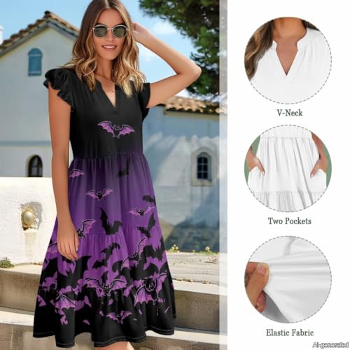 Image of Womens Summer Dress Ruffle Sleeve V Neck Dress Casual Fit Flowy Beach Vacation Sundress with Pocket S-2XL