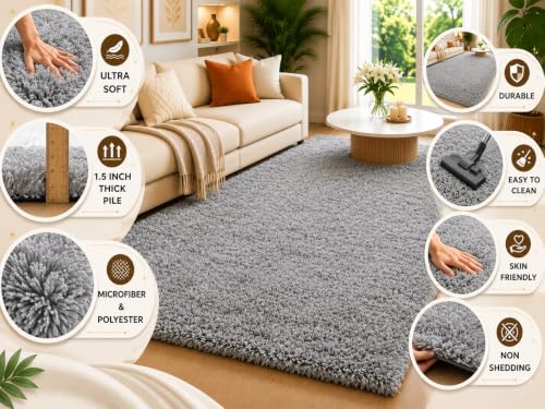Image of Shaggy Carpet 6x9 Ft for Living Room & Bedroom (Silver)